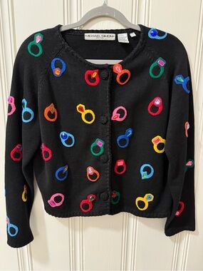 Michael Simon Black Knit Cardigan sweater Ring Appliqués small jewels